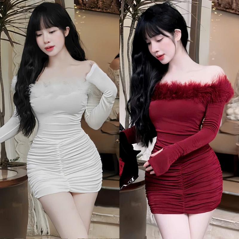 Đầm váy nữ thun nhũ thiết kế tay dài trễ vai phối lông vũ [có mút ngực] có lót xinh xắn sang chảnh dành cho các nàng diện di chơi,di tiệc.