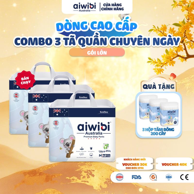[Combo 3] Tã/Bỉm Quần Cao Cấp Aiwibi Light Feather Cho Bé Siêu Thấm Hút, Chống Tràn - Gói Lớn M/L/XL/XXL/3XL/4XL