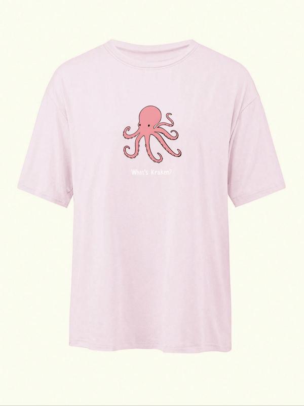 Women's Octopus Print Drop Shoulder Tee, Casual Letter Print Half Sleeve Round Neck T-Shirt for Summer, Fashion Women's Top for Daily Wear 2