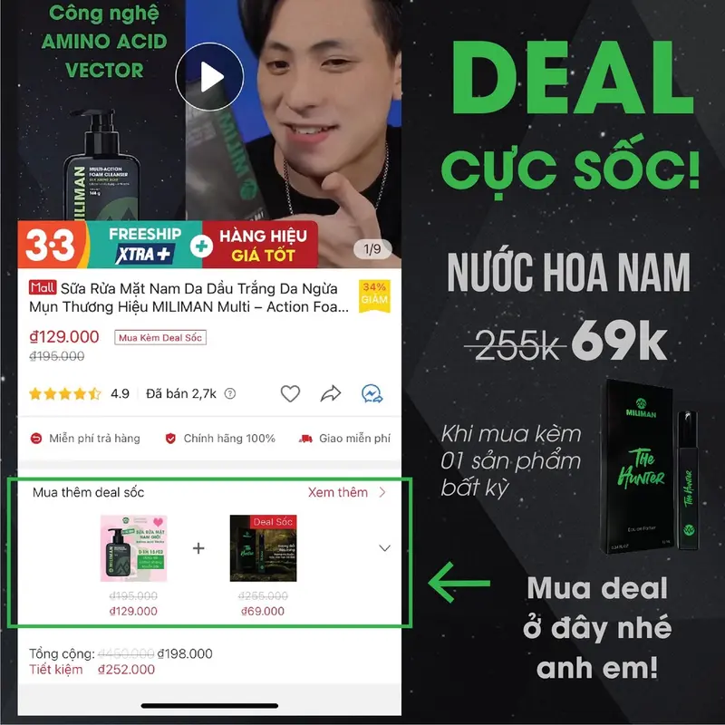 Sữa Rửa Mặt Nam Da Dầu Trắng Da Ngừa Mụn Thương Hiệu MILIMAN Multi – Action Foam Cleanser 168g Cosmetic Massage Tẩy Trang Skincare 3