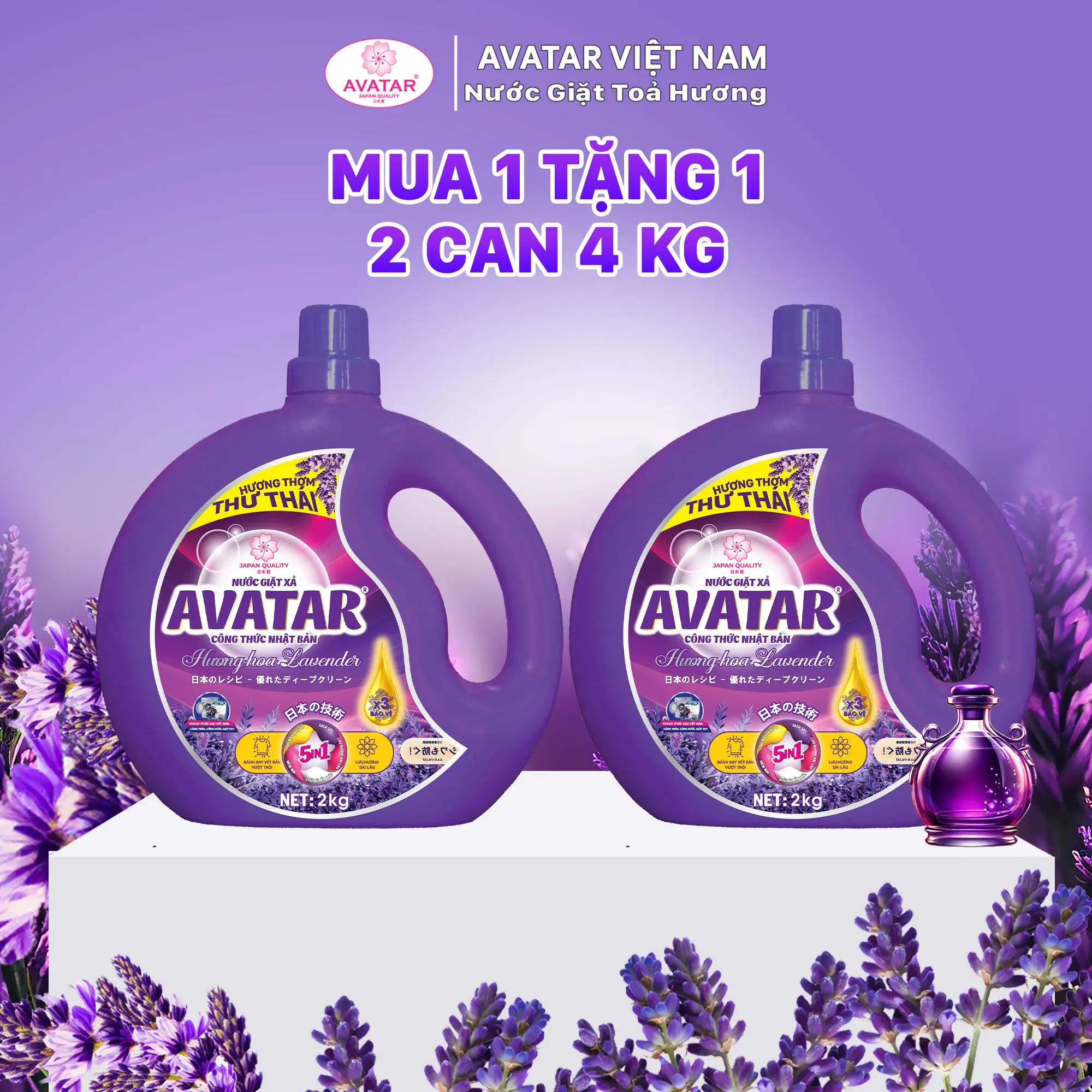 [MUA 1 TẶNG 1] Nước Giặt Xả Avatar Hương Lavender Làm Sạch Sâu Hiệu Quả, Lưu Hương Lâu, Diệu Nhẹ, An Toàn Cho Da, Bền Màu 2kg/can