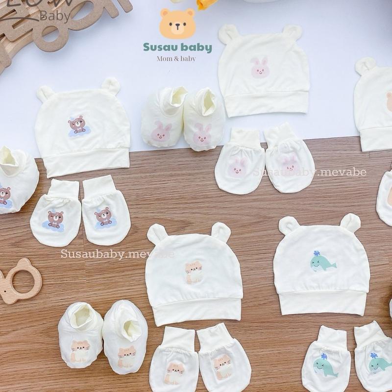 Sét Mũ bao tay chân vải Peptit Cao Cấp Siêu Mềm Mát cho bé 0-2 tháng Nền Kem HQ