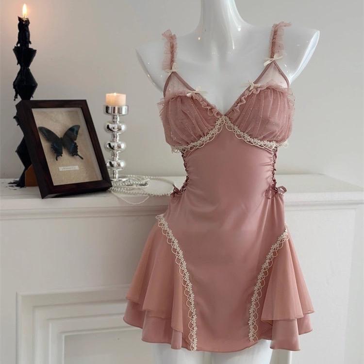 V409 - Váy ngủ ren tiểu thư dáng ngắn có đệm mút Lụa Nữ Dress Đầm Ngủ