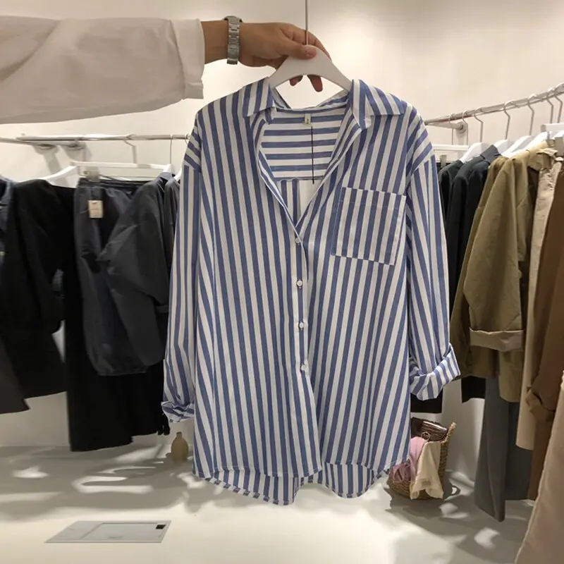 Korean style Blue Stripe Cotton Shirt for Women Loose Long Sleeve Casual female Blouse Top