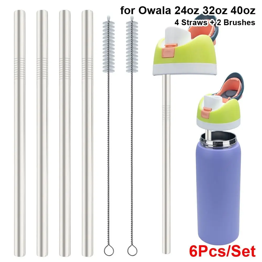 6Pcs/Set Durable With Brush Stainless Steel Straw 10mm Reusable Water Bottle Straw Cup Replacement Straw for Owala 16oz 19oz 24oz 32oz 40oz