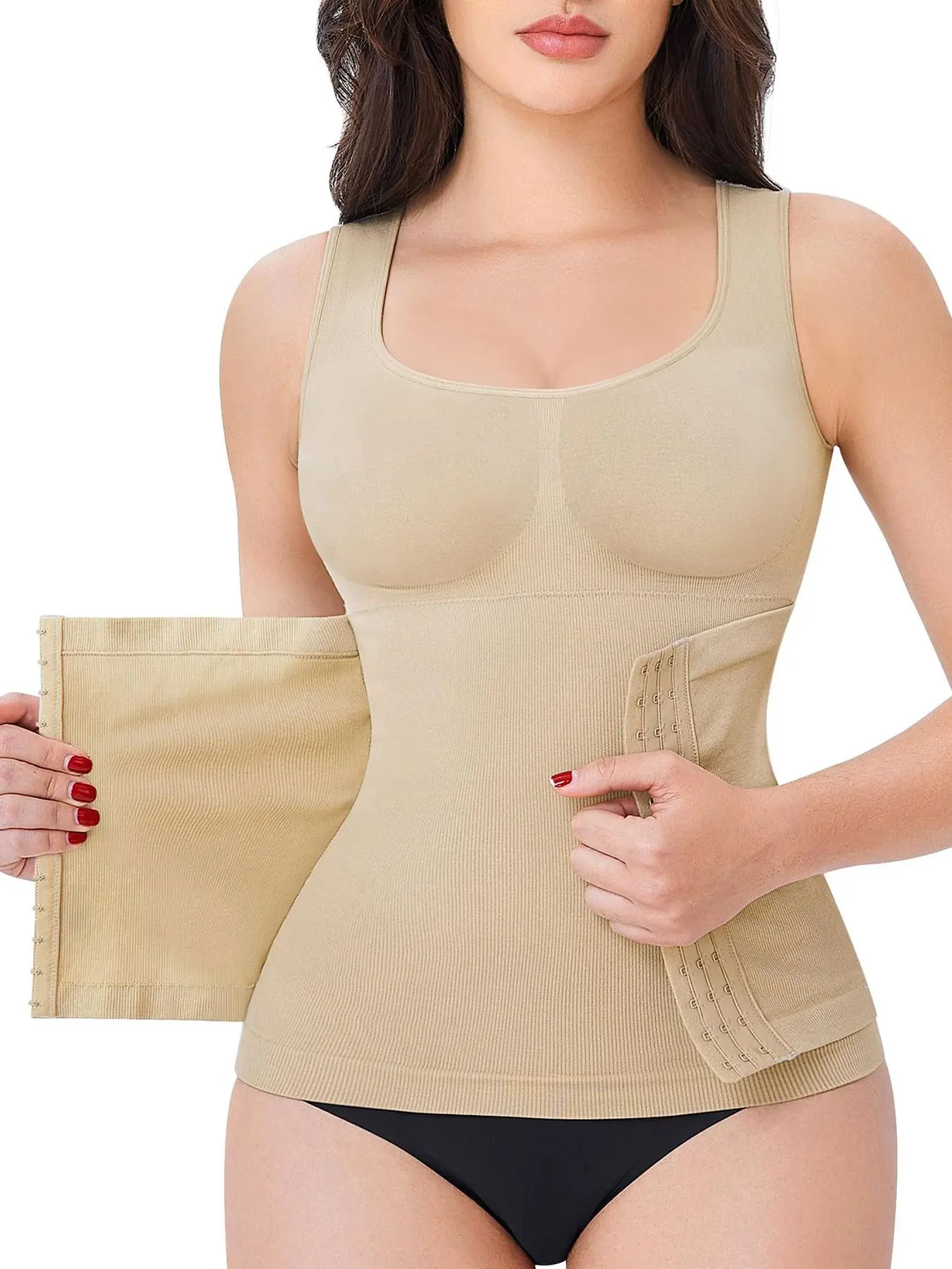 Women's Solid Seamless Shapewear Tank Top, Knit Adjustable Hook & Eye Closure Shaper, Tummy Control Shaper for Daily Wear