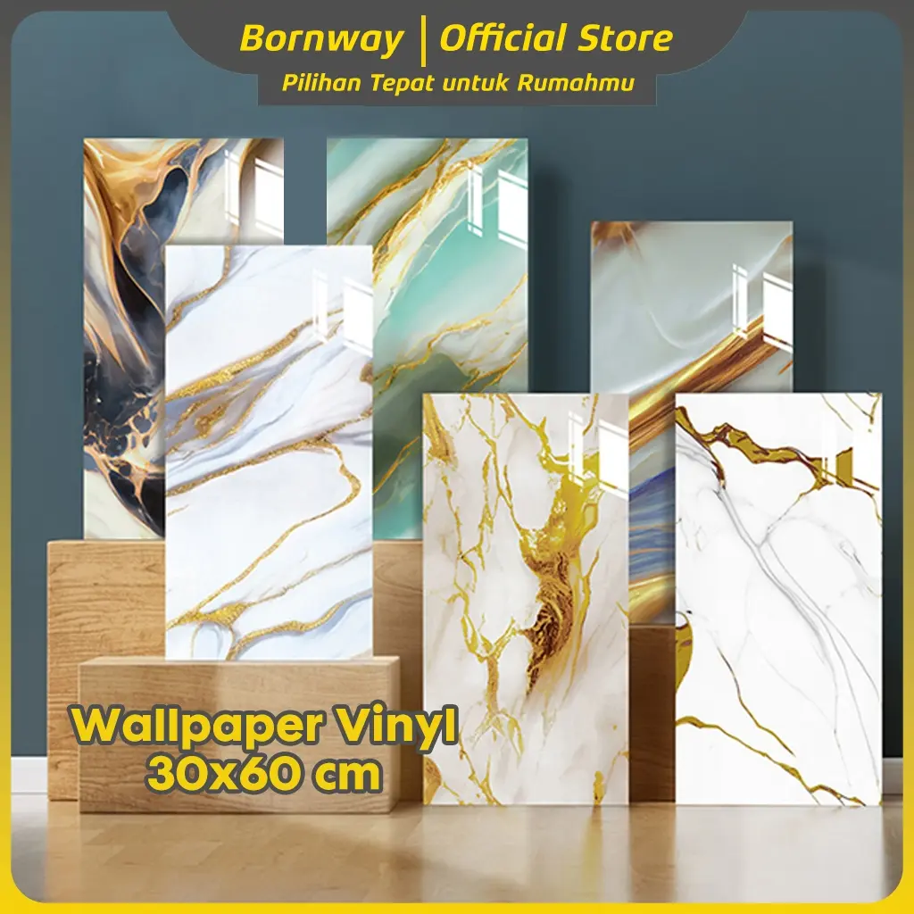 Bornway Wallpaper Dinding Vinyl Marble 30x60 cm Stiker TPE Anti Rayap Tahan Air Ramah Lingkungan Bahan PVC Waterproof Dekorasi Cantik dengan Lapisan Busa Tebal dan Permukaan Halus Sticker