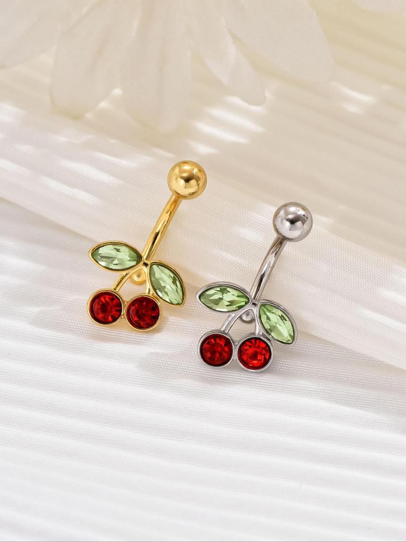 Product Introduction of Women's Cute Rhinestone Decor Cherry Design Belly Rings, Summer 2024 Trendy Exquisite Belly Bar, Chic Body Jewelry for Party Decor 3