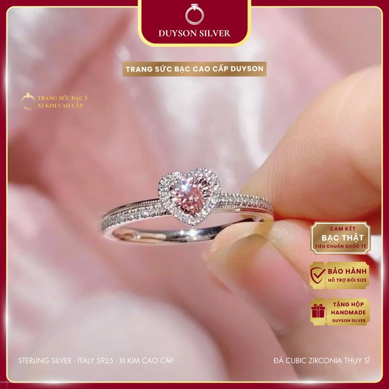 Nhẫn bạc Ý 925 mạ vàng trắng nữ hình trái tim đá hồng ổ đá cao DUYSON SILVER [NXK49]