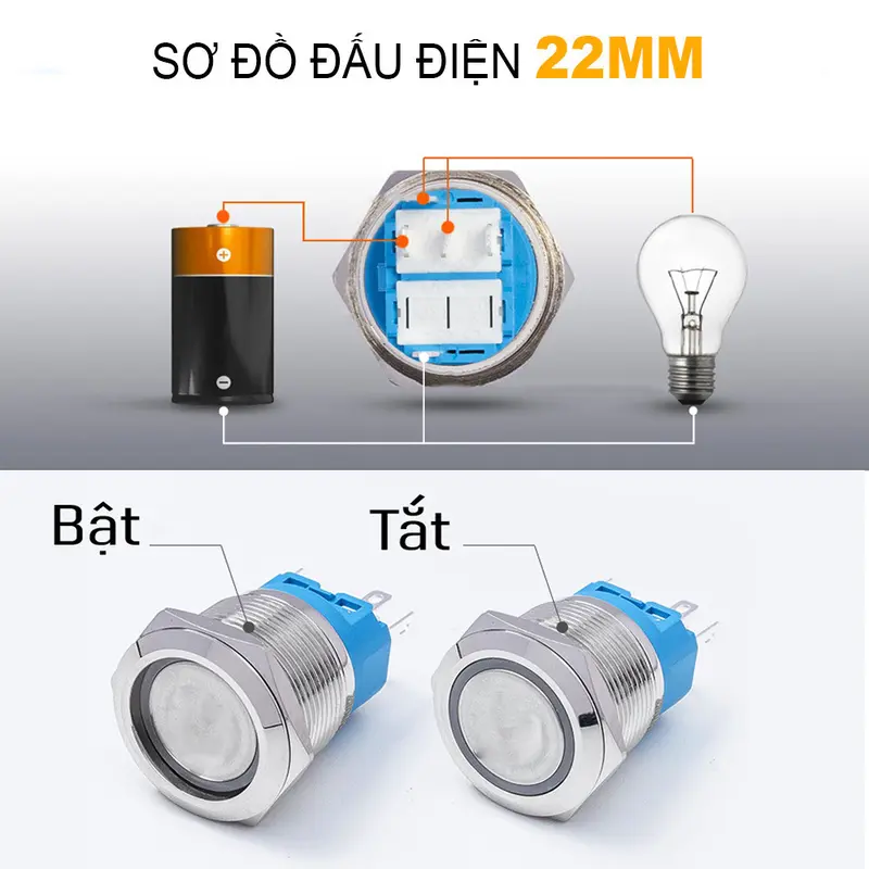 Nút Kim loại nhấn Tự nhả 22mm, Ấn Tự phục hồi có LED 3V-6V, 12-24V, 110-220V 7