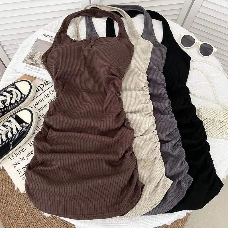 Women Wear Dress Y2K A-line Skirt Sexy Backless Spicy Girl Solid ColorShort Skirt Hanging Neck Sleeveless Wrinkle Dress Casual Womenswear