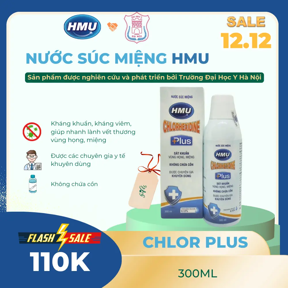Nước Súc Miệng HMU Chlorhexidine Plus 300ml - Dung Dịch Không Cồn