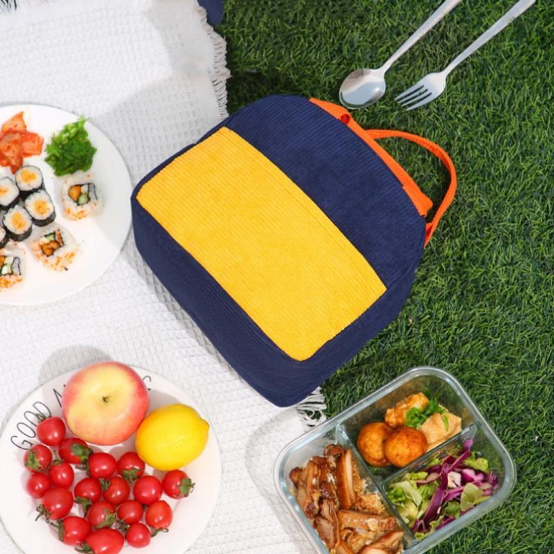 Product Introduction of Colorblock Corduroy Bento Bag, 1 Count Insulated Lunch Bag, Lunch Box Storage Bag for Work & School, Household Kitchen Gadgets 7