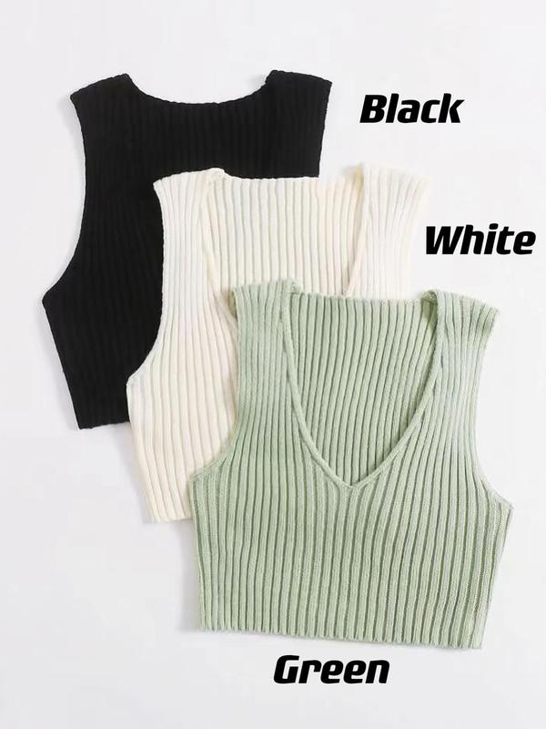 Women's Plain Ribbed V Neck Cropped Sweater Vest, Comfy Clothes for Girls, Casual Sleeveless Crop Knit Top, Summer Outfits 2024, Summer Clothes, Women's Knitwear for Daily Wear 2