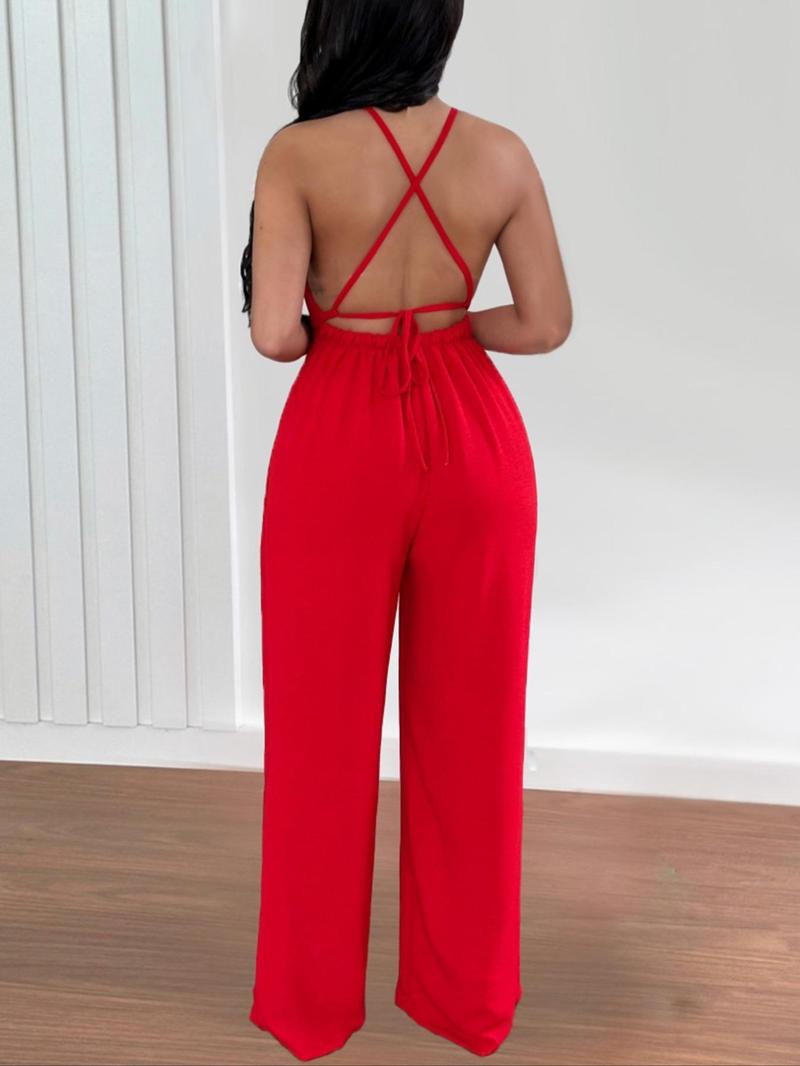 Product Introduction of Women's Solid Color Backless Jumpsuit, Elegant Fashion Casual Wide Leg Jumpsuit for Daily Outdoor Wear, Ladies Clothes for All Seasons 9