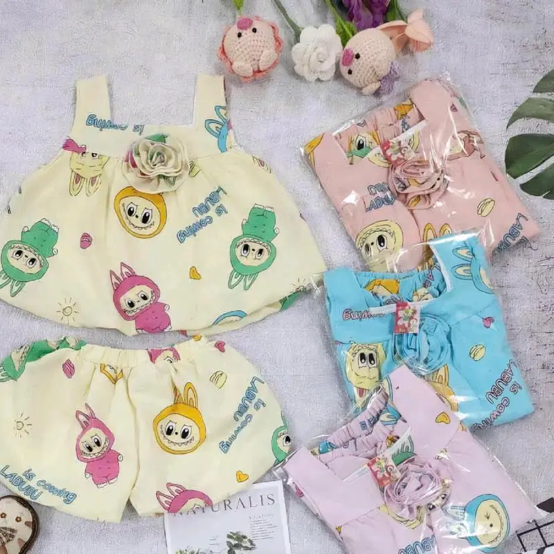 Combo 3 bộ áo quần hai dây bản to vải đũi xốp mềm mịn ,mát mẻ ,giành cho bé gái 2