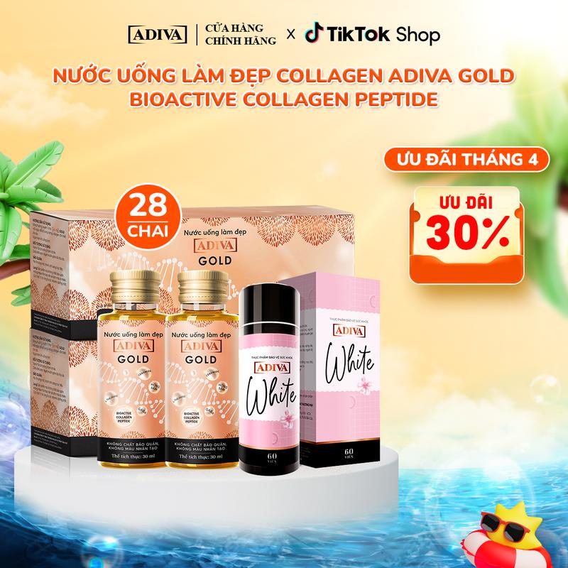 2 Hộp Nước Uống Làm Đẹp Collagen Gold ADIVA ( 14 Chai/Hộp) + 1 Hộp Viên Uống Hỗ Trợ Trắng Da White ADIVA 60 Viên