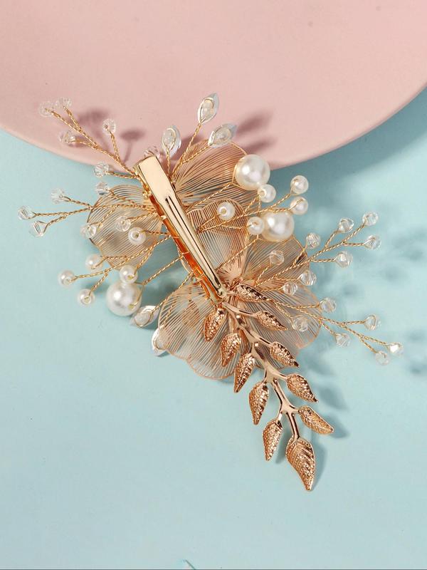 Handmade Flower Design Headwear,  Elegant Faux Pearl & Rhinestones Decorated Bridal Headwear for Wedding Party, Daily Clothing Decor, Trendy All-match & Exquisite Hair Accessories for Women & Girls 4