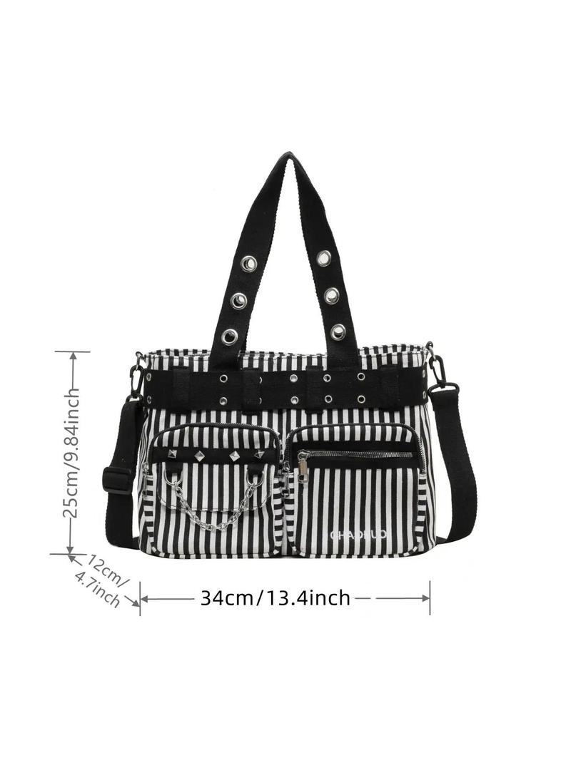 Product Introduction of Women's Fashionable All-match Punk Style Tote Bag with Multi-pocket Design, Casual Versatile Zipper Design, Large Capacity Shoulder Tote Bag 17