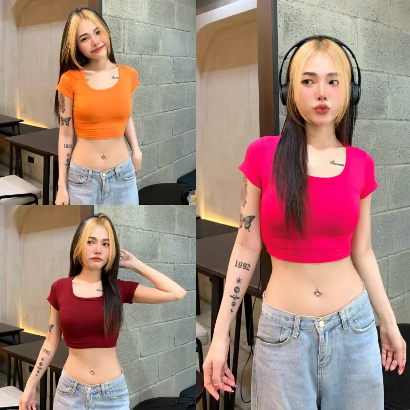 SpinnyHouse เสื้อครอปแขนสั้น ทรงคอเหลี่ยม สาวอวบใส่ได้ เบสิคครอปสุด ผ้าเรย่อนยืดเยอะ ทรงนี้คือฮิตม้าก รุ่น นิตยา