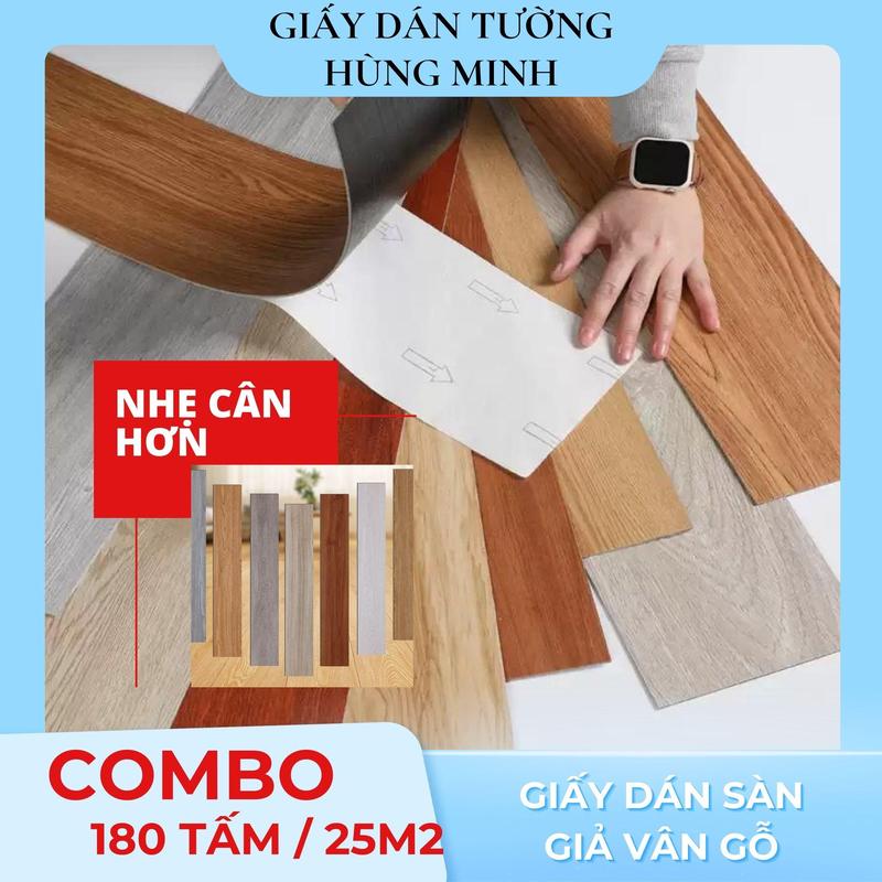 [ LOẠI NHẸ - COMBO 180 TẤM - TẶNG 2 TẤM - 25M2 ] Tấm Sàn Nhựa Giả Vân Gỗ Cao Cấp Cải Biến ĐỘ NHẸ Hơn Thông Thường Có Sẵn Keo Dán Tiện Lợi Cải Thiện Không Gian Trang Trí Nhà Cửa Kích Thước Tấm 15,3 x 91,5cm