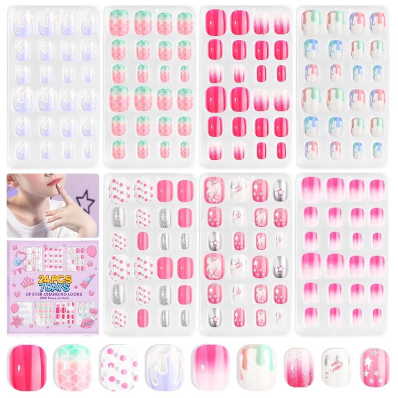 168 Pcs in 7 Packs Press-on Nails for Kids (8-12 Year Olds)-Fake Nails