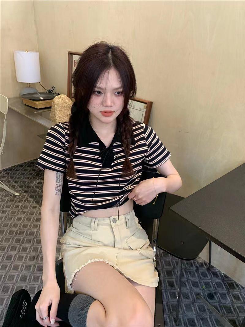 Product Introduction of Áo Thun Sọc, Cổ Polo Màu Tương Phản, Dành Cho Nữ, Phong Cách Cổ Điển Mùa Hè, Mỏng Vừa Vặn, Ngắn Tay, Áo Vai Ngắn, Bán Chạy 28