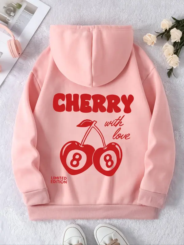 【Plus Size】 Cherry & Letter Print Thermal Lined Hoodie, Fashion Casual Drawstring Pocket Cherry Hoodie for Daily Holiday Outdoor Wear, Hoodies for Women, Yoga Hoodie, Women Clothing for Fall & Winter, Curve Fashion 4