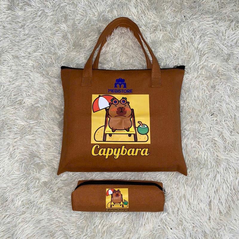 Combo túi đi học thêm và túi đựng bút Capybara vải canvas  đựng vừa A4  sách vở và bảng con 