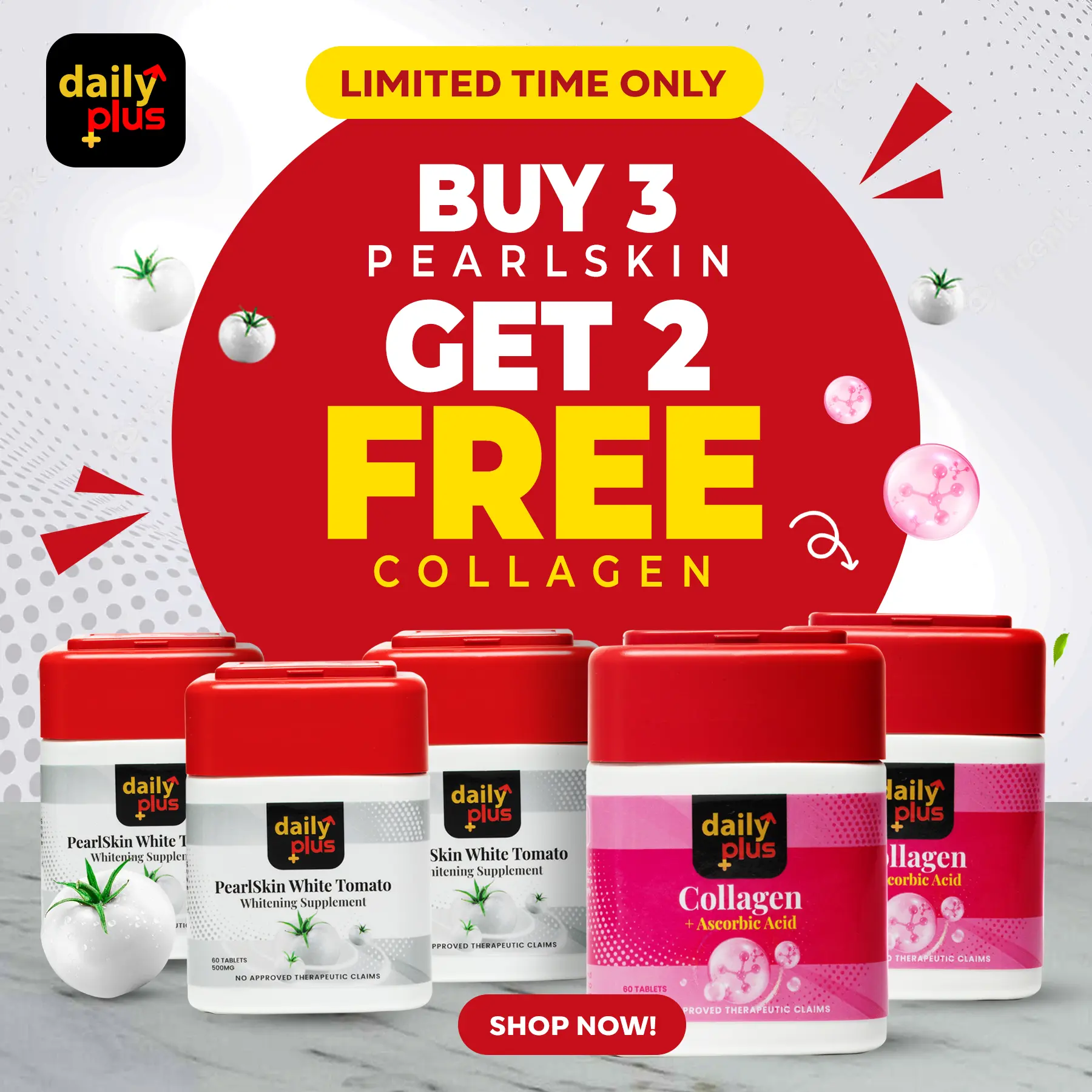 Daily Plus [Buy 3 PearlSkin White Tomato + Get 2 Free Collagen] WHITENING SUPPLEMENT Capsule! Free Collagen