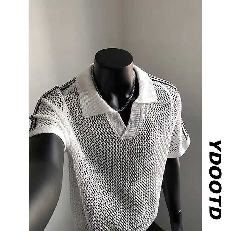 Áo Polo ngắn Tay Áo, Chất Liệu Dệt Kim Mịn, Họa Tiết Lưới Rỗng Áo Thun, Phong Cách Cổ Điển Thích Hợp Cho Các Cặp Đôi, Xu Hướng Mùa Hè 2024