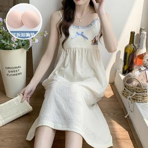 Baju Tidur Bertali Kapas Awan Bersulam, Koleksi Musim Panas Wanita, dengan Bra Terbina Dalam, Fabrik Bertekstur Sangat Lembut, Rekaan Menyokong, Sesuai untuk Pakaian Rumah dan Pakaian Tidur Remaja Perempuan