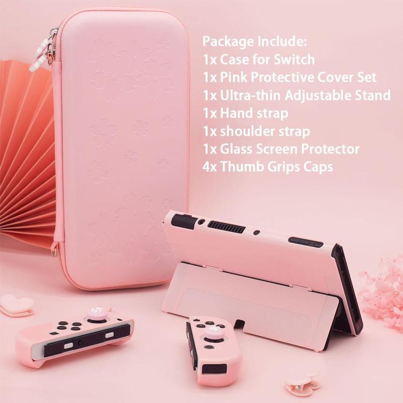 Cute Travel Carrying Case for Switch, 1 Set 10 in 1 Game Console Protective Case with Game Console Stand & Thumb Grip Caps, Console Accessories Kit 2
