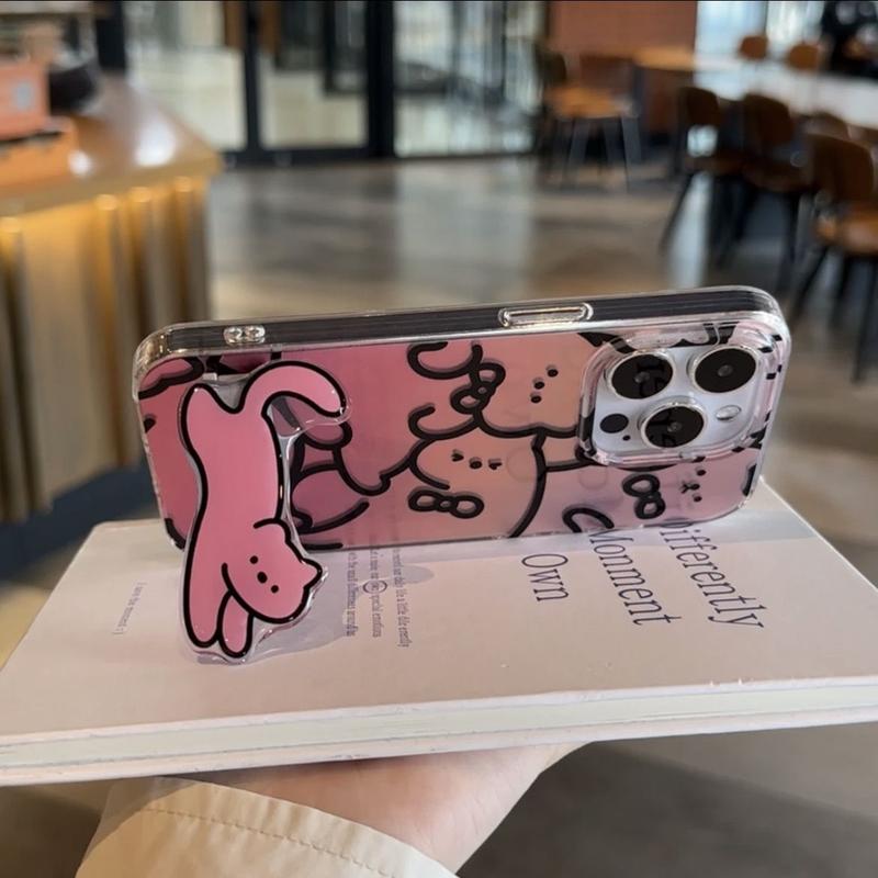 Product Introduction of Pink Line Art Cat Phone Case with Stand - Cute Cartoon Soft TPU Case for Couples, Full-Body Protective Anti-Drop Cover, Metallic Finish, Minimalist Design, iPhone All Models 5
