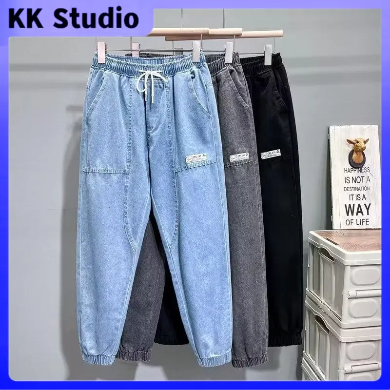 Pocket Menswear Trouser Velvet Basic Low Waist Medium Straight Lingerie Zipper Human Elastic Waist Jeans Men'S Loose Harem Ankle-Length Pants Autumn Oversize Trendy Stitching All-Match Cropped Pants