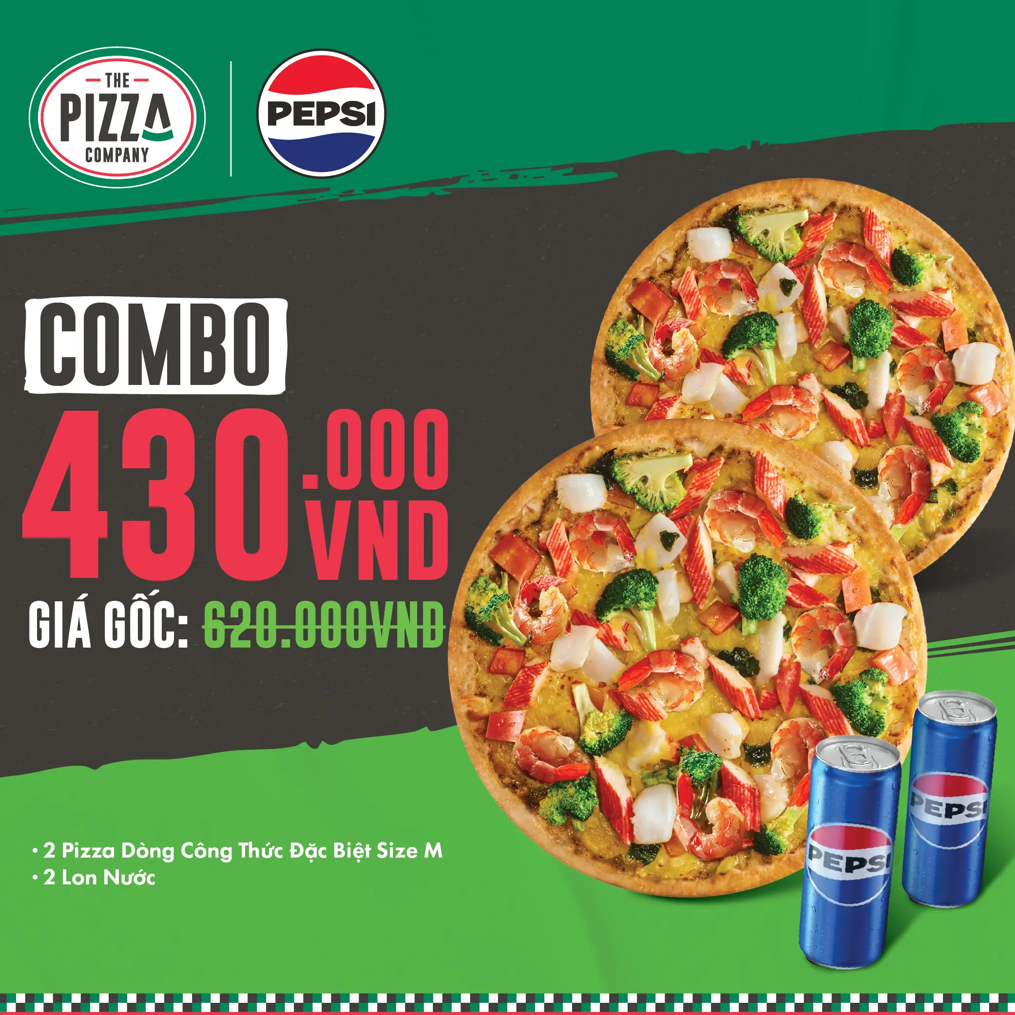 Combo 2 Pizza Hải Sản Pesto Xanh size M- (3-4 người) - 2 Pizza Hải Sản Pesto Xanh size M +2 Lon Pepsi - The Pizza Company - (Giao nhanh 1H)