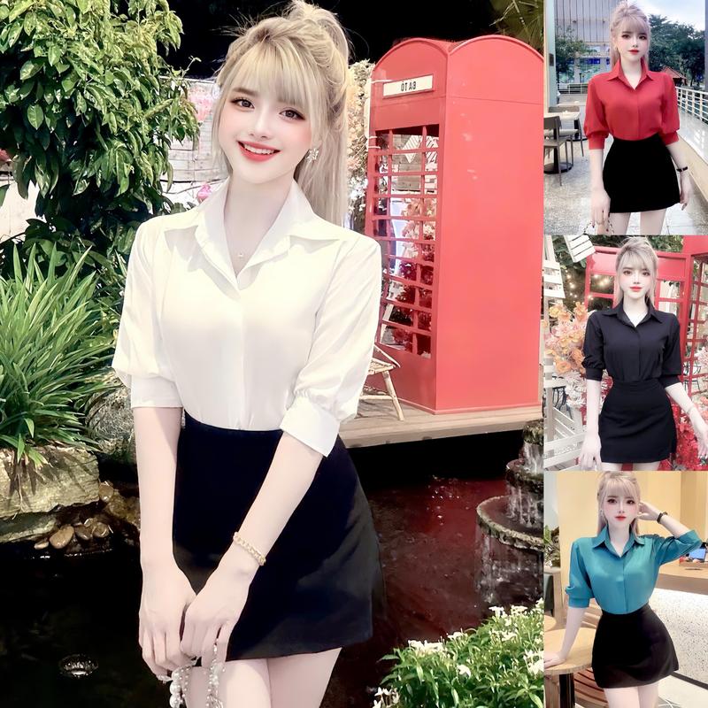Áo sơ mi nữ tay lỡ nẹp nút công sở thanh lịch trẻ trung