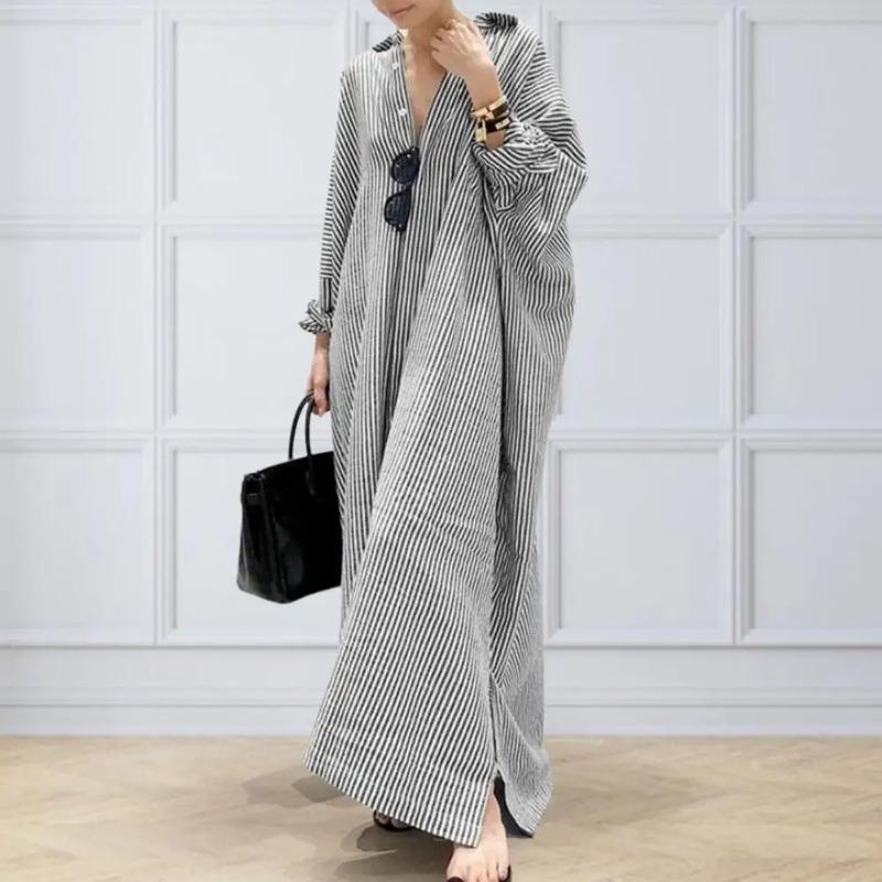 Product Introduction of New Elegant Striped Cardigan Loose Dress Womens Lapel Long Sleeve Long Shirt Dress Ladies Stripe Print Button Up Cardigan Dress 4