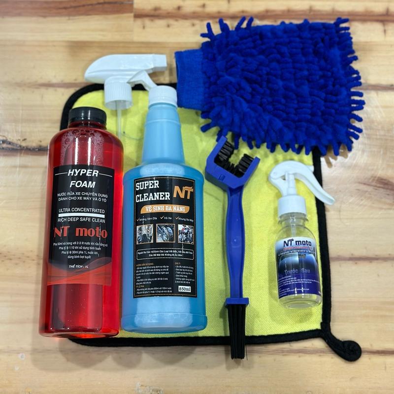 Combo chăm sóc xe super cleaner rửa sên+xà bong rửa xe+chai wax bóng dàn áo xe kèm dụng cụ rửa xe - Phụ kiện vệ sinh xe máy và ô tô rửa xe