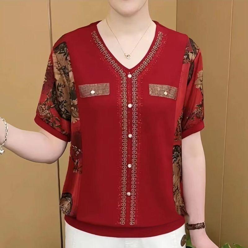Áo Thun Đồ Ngủ Dài Cao Cấp Cổ Chữ V, Dành Cho Nữ, Đính Đá, Che Bụng, Bó Sát, Áo In Họa Tiết, Thích Hợp Cho Các Bà Mẹ Cỡ Trung Bình Mùa Thu Năm 2025 Hàng Mới Về 3