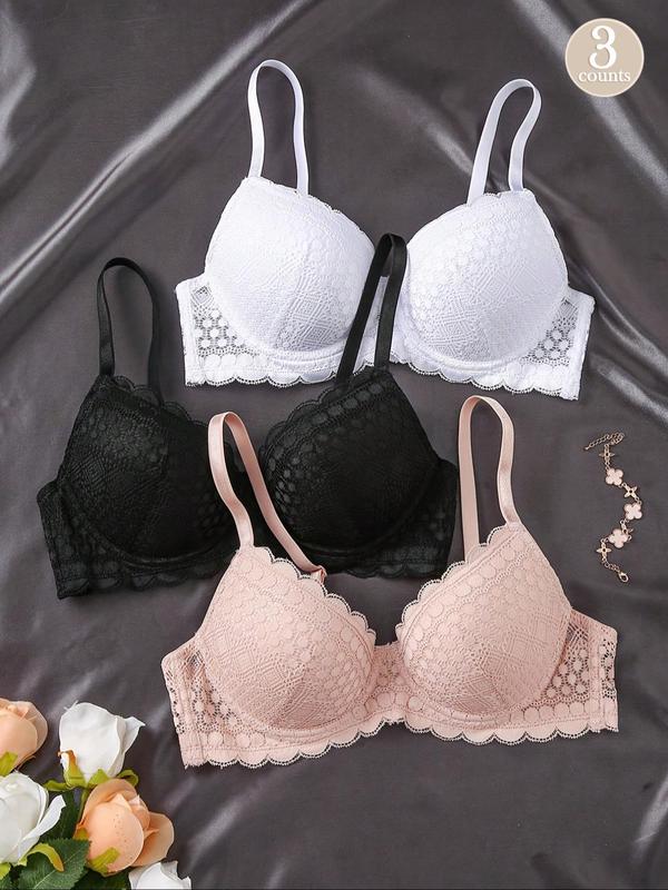 Women's Solid Color Lace Push Up Bra, Comfortable Breathable Underwire Bra, Soft Lingerie for Daily Wear 0