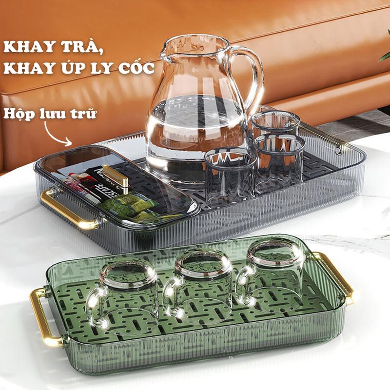 Khay trà khay úp ly cốc trong suốt 2 lớp kèm hộp lưu trữ đựng trà cafe đa năng chất liệu nhựa acrylic cứng cáp