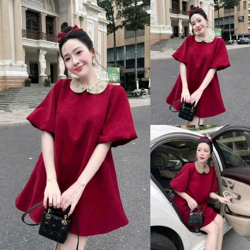 Đầm Babydoll Mango Tay Búp , Cổ Đính Cườm , Thanh Lịch Sang Trọng Dễ Thương Thời Trang Cao Cấp Quý Phái .Bầu Bí Bon Chen Được Thoải Mái Dress Voan Kim Tuyến 0