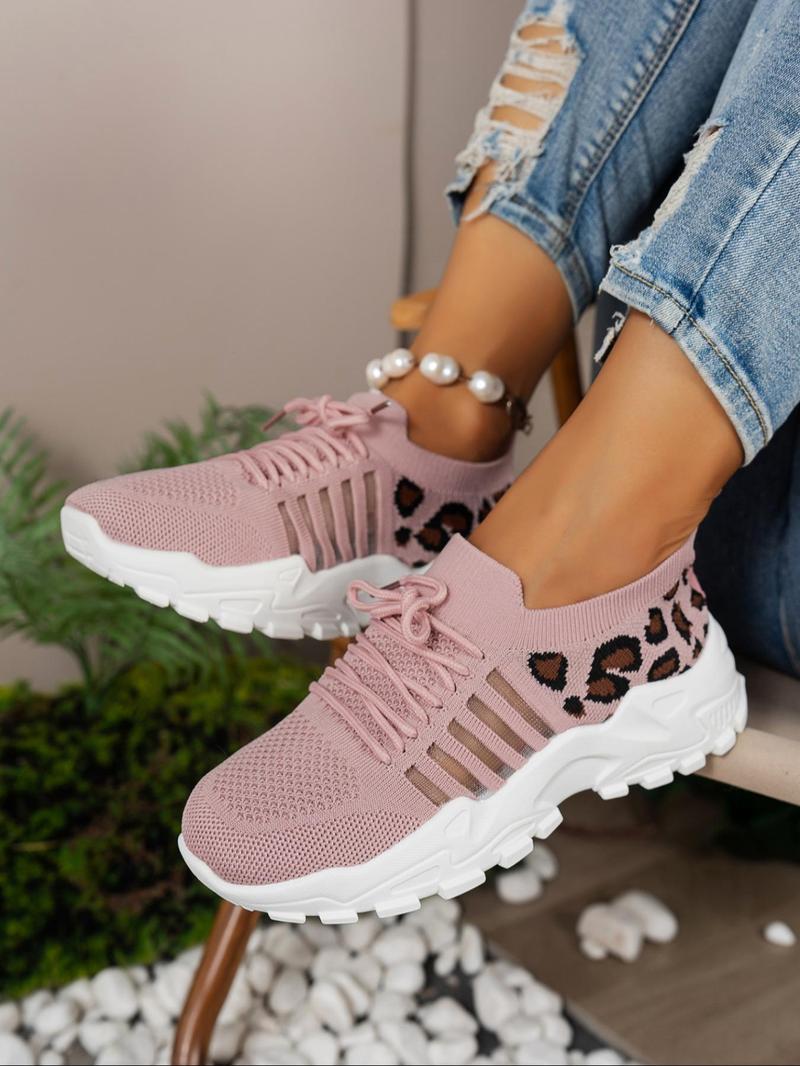 Product Introduction of Women's Fashionable Leopard Pattern Lace Up Running Shoes, Casual Comfortable Breathable Sports Shoes, Female All-match Round Toe Shoes for Daily Wear 7