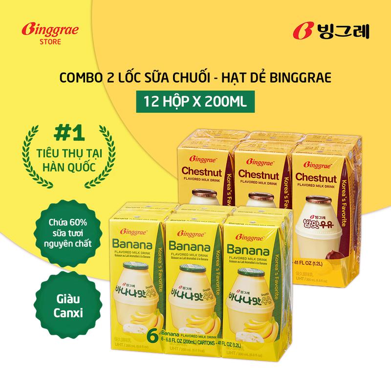  Combo 2 Lốc Sữa Chuối – Hạt Dẻ Hàn Quốc Binggrae  200ml x 12 hộp  