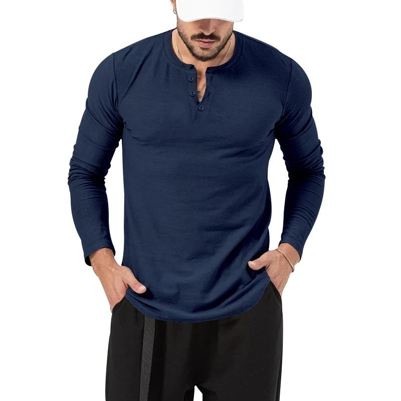 Áo Thun Nam, Cổ Tròn, Màu Trơn Cài Nút, Dài Tay, Henley, Áo Sơ Mi Lớp Nền Thể Thao Thường Ngày 5