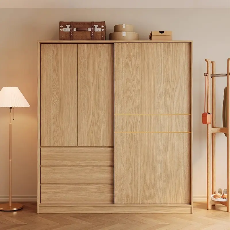 [Pre Order] Nordic sliding door wardrobe, bedroom, simple and small-sized household, sliding door, wooden style combination, Japanese style storage wardrobe