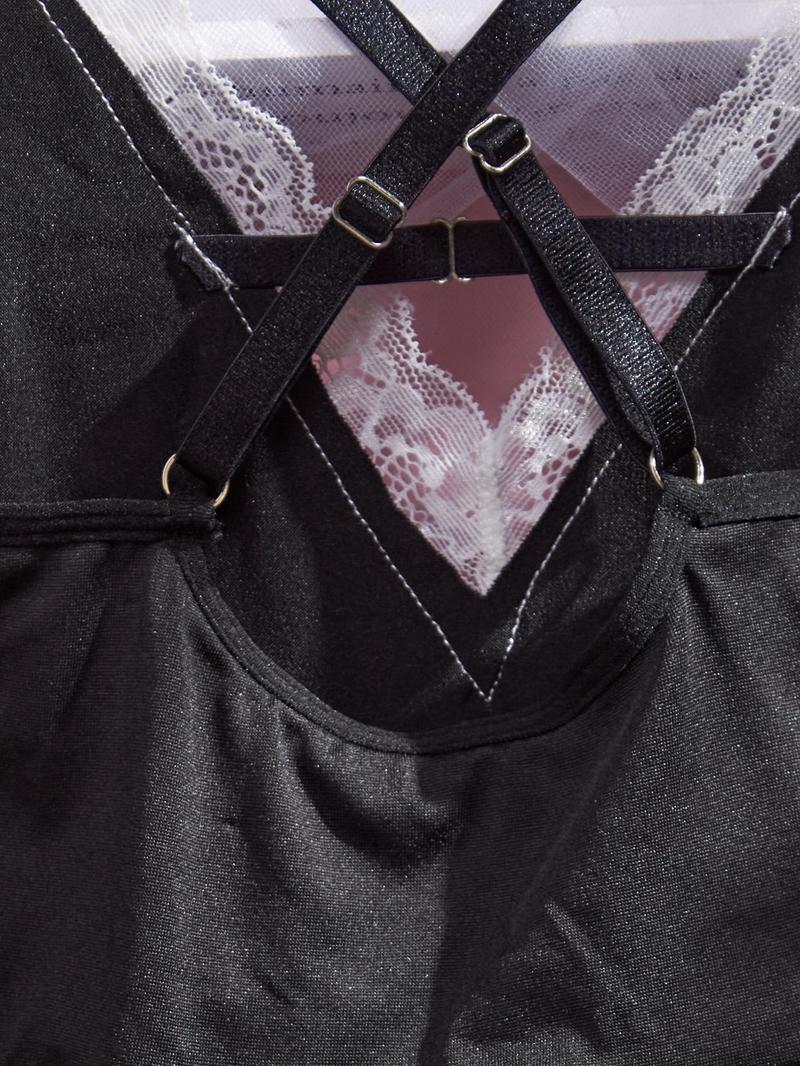 Product Introduction of Women's Contrast Lace Cami Nightdress & Thong & Choker & Wristband Four-piece Set, Sexy Criss Cross Backless Ruffle Trim Nightgown & Accessories, Women's Sleepwear & Loungewear Set 4