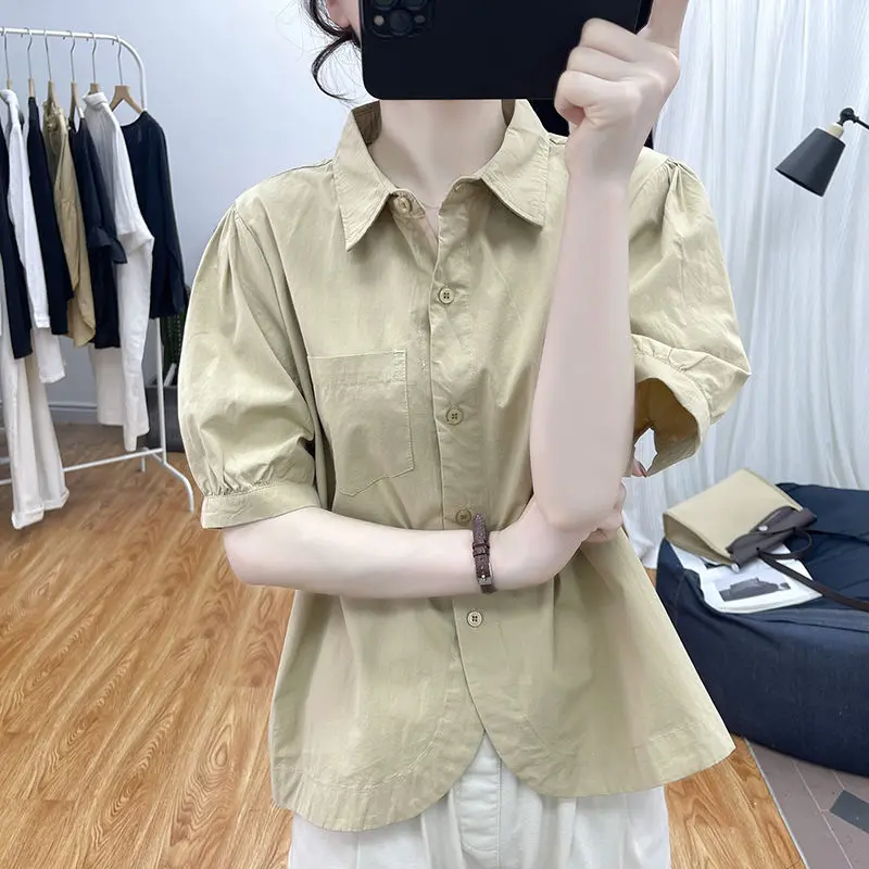 Áo Sơ Mi Cotton Nguyên Chất Thiết Kế Mùa Hè, Tay Phồng Bất Đối Xứng Áo Chống Lão Hóa Cho Nữ, Áo Sơ Mi Cổ Polo Mới 2024
