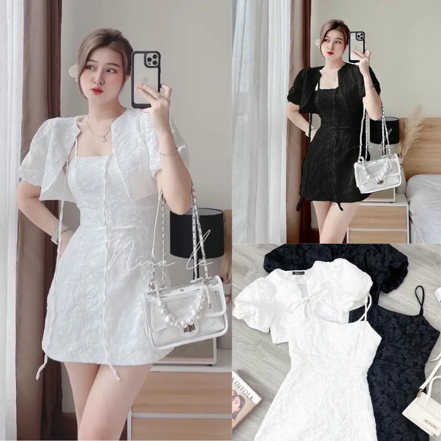 Set Váy Kèm Khoác Tiểu Thư Buộc Nơ Áo khoác tay bồng Kem Nữ